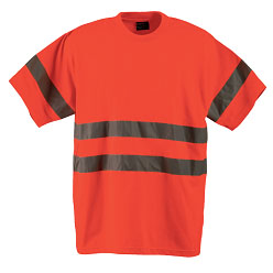 150g Poly Cotton single Jersey Safety T-Shirt in safety colours; double-needle finish and top-stitching; reflective tape on both front and back as well as sleeves; unisex (Priced from S) 150g Poly Cotton single Jersey Safety T-Shirt in safety colours; double-needle finish and top-stitching; reflective tape on both front and back as well as sleeves; unisex (Priced from S)