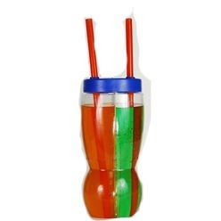 a Clear Plastic glass divided in the middle to separate what you are drinking; with two straws-one on each side. a Clear Plastic glass divided in the middle to separate what you are drinking; with two straws-one on each side.