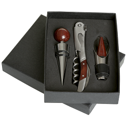 3 Piece Barware Gift set;Corkscrew / Bottle Opener/ Foil cutter; Bottle Stopper; Pourer; Gift Box included; Stainless Steel / Rosewood 3 Piece Barware Gift set;Corkscrew / Bottle Opener/ Foil cutter; Bottle Stopper; Pourer; Gift Box included; Stainless Steel / Rosewood