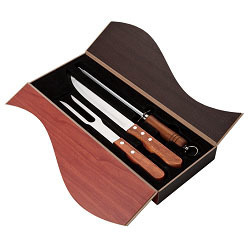Stylish Carving Set in two tone wood yin yang box; includes 21.6cm Carving knife; Knife sharpener; Fork; utensils and Presentation box can be custom branded Stylish Carving Set in two tone wood yin yang box; includes 21.6cm Carving knife; Knife sharpener; Fork; utensils and Presentation box can be custom branded