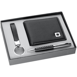 3-Piece executive PU gift set with key ring; cross-stitched ball pen and wallet in a gift box 3-Piece executive PU gift set with key ring; cross-stitched ball pen and wallet in a gift box