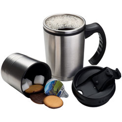2-In-1 Thermal mug: 400ml mug with screw on dry compartment (200ml) to store your rusks; tea bags or biscuits. Stainless steel 2-In-1 Thermal mug: 400ml mug with screw on dry compartment (200ml) to store your rusks; tea bags or biscuits. Stainless steel