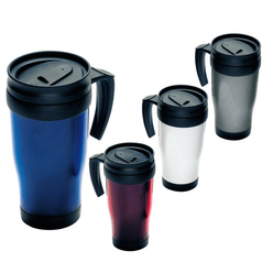 400ml Plastic double walled thermal travel mug with a sliding spill proof cover 400ml Plastic double walled thermal travel mug with a sliding spill proof cover