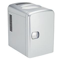 Silver Mini Fridge can take 6 cans; has a carry handle; removable shelf; hot and cold settings; wall or car adapter Silver Mini Fridge can take 6 cans; has a carry handle; removable shelf; hot and cold settings; wall or car adapter
