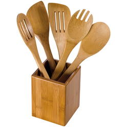6-Piece Bamboo utensil set inn holder. Untensils includes a bamboo spoon; 2-piece salad servers; stirring spoon and spatula 6-Piece Bamboo utensil set inn holder. Untensils includes a bamboo spoon; 2-piece salad servers; stirring spoon and spatula