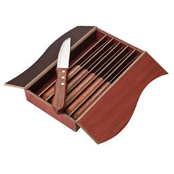 Two tone wood yin yang box with 6 piece stainless steak knife set; box and also the knives can be custom branded Two tone wood yin yang box with 6 piece stainless steak knife set; box and also the knives can be custom branded