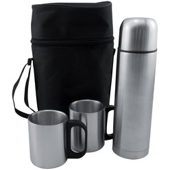 750ml stainless steel flask with 2mugs. Supplied in a polyester bag with shoulder strap 750ml stainless steel flask with 2mugs. Supplied in a polyester bag with shoulder strap