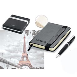 Simulated leather A6 notebook: 80 lined pages; brass ball pen: barrel with gloss lacquered coating; polished chrome clip; tip & trim; with black German ink; presentation box Simulated leather A6 notebook: 80 lined pages; brass ball pen: barrel with gloss lacquered coating; polished chrome clip; tip & trim; with black German ink; presentation box