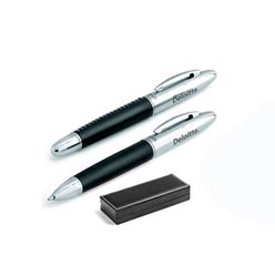 Barrel: brass with genuine leather wrap; clip; tip & trim: polished chrome; with black German ink; simulated leather presentation box Barrel: brass with genuine leather wrap; clip; tip & trim: polished chrome; with black German ink; simulated leather presentation box