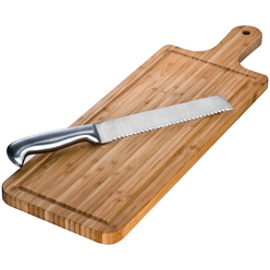 Bamboo cutting board with an intergrated food safe stainless steel bread knife - double sided board-smooth or channelled Bamboo cutting board with an intergrated food safe stainless steel bread knife - double sided board-smooth or channelled