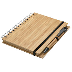 Sustainable Spiral Bamboo Notebook with bamboo ballpoint pen in pen loop; elastic closure; 80 lined recycles pages Sustainable Spiral Bamboo Notebook with bamboo ballpoint pen in pen loop; elastic closure; 80 lined recycles pages