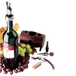 Rustic small wine barrel with wine accessories. Includes a bottle stopper; a waiters knife; drip stopper and wine pourer Rustic small wine barrel with wine accessories. Includes a bottle stopper; a waiters knife; drip stopper and wine pourer