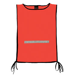 100% Polyester Safety bib with reflective tape on front and back; adjustable straps; unisex; easy care 100% Polyester Safety bib with reflective tape on front and back; adjustable straps; unisex; easy care