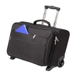 Black 600D Nylon Trolley Bag with front zippered compartment; padded carry handle; extendible handle; trolley stand; trolley wheels; main zippered area with buckle straps and laptop compartment Black 600D Nylon Trolley Bag with front zippered compartment; padded carry handle; extendible handle; trolley stand; trolley wheels; main zippered area with buckle straps and laptop compartment