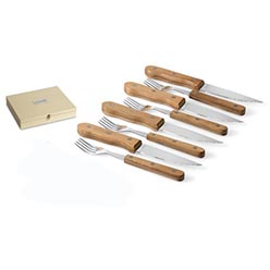 Set of 4 steak knives & forks: beech wood & 2CR14 stainless steel; wooden presentation box; includes stainless steel branding plaque Set of 4 steak knives & forks: beech wood & 2CR14 stainless steel; wooden presentation box; includes stainless steel branding plaque