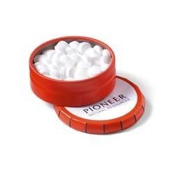 Round Metal tin with FDA approved peppermint flavoured sugar-free mints Round Metal tin with FDA approved peppermint flavoured sugar-free mints