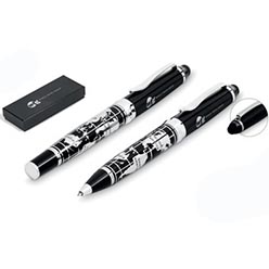 Lid & lower barrel: heavy-weight brass with gloss lacquered coating; clip; tip trim: polished chrome; with black German ink Lid & lower barrel: heavy-weight brass with gloss lacquered coating; clip; tip trim: polished chrome; with black German ink