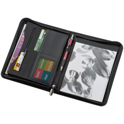 Zip around A5 bonded leather folder with note pad; various compartments and metal plaque Zip around A5 bonded leather folder with note pad; various compartments and metal plaque