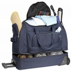 600D Nylon Trolley Bag with carry handles; zippered side pocket; front zippered pocket; telescopic handle; lower zippered compartment; trolley wheels; inner mesh pocket; zippered main compartment 600D Nylon Trolley Bag with carry handles; zippered side pocket; front zippered pocket; telescopic handle; lower zippered compartment; trolley wheels; inner mesh pocket; zippered main compartment