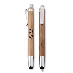 Eco-friendly Pen with bamboo barrel; clip;tip & trim of aluminium; with black German ink; Pen nib retracts to to create a stylus Eco-friendly Pen with bamboo barrel; clip;tip & trim of aluminium; with black German ink; Pen nib retracts to to create a stylus