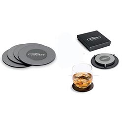 Set of 4 coasters: iron & stainless steel with gunmetal finish; PU holder; presentation box Set of 4 coasters: iron & stainless steel with gunmetal finish; PU holder; presentation box