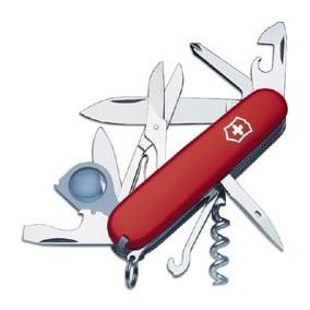 Large blade; small blade; corkscrew; can opener with small screwdriver (also for Phillips screws); cap lifter with screwdriver; wire stripper; reamer punch; keyring attachment (stainless); tweezers; toothpick; scissors; multi-purpose hook; Phillips screwdriver; magnifying glass Large blade; small blade; corkscrew; can opener with small screwdriver (also for Phillips screws); cap lifter with screwdriver; wire stripper; reamer punch; keyring attachment (stainless); tweezers; toothpick; scissors; multi-purpose hook; Phillips screwdriver; magnifying glass
