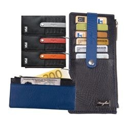 Ferraghini Slim Wallet; with space for 6 cards; one zippered compartment; one front compartment; easy to wear; coloured clip over card slots Ferraghini Slim Wallet; with space for 6 cards; one zippered compartment; one front compartment; easy to wear; coloured clip over card slots