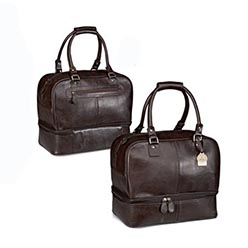 Genuine leather; black with silver trims; brown with gold trims; zippered base shoe compartment Genuine leather; black with silver trims; brown with gold trims; zippered base shoe compartment