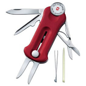 Repair tool for one hand use; ball marker for one hand use; tee punch for hard or frozen ground; groove cleaner; cap lifter; nail file; blade; tweezers; toothpick; scissors Repair tool for one hand use; ball marker for one hand use; tee punch for hard or frozen ground; groove cleaner; cap lifter; nail file; blade; tweezers; toothpick; scissors