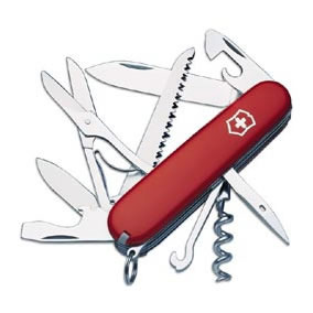 Large blade; small blade; corkscrew; can opener with small screwdriver (also for Phillips screws); cap lifter with screwdriver; wire stripper; reamer punch; keyring attachment (stainless); tweezers; toothpick; scissors; multi-purpose hook; wood saw Large blade; small blade; corkscrew; can opener with small screwdriver (also for Phillips screws); cap lifter with screwdriver; wire stripper; reamer punch; keyring attachment (stainless); tweezers; toothpick; scissors; multi-purpose hook; wood saw