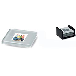 Set of 4 coasters: glass; MDF holder; holds photo or logo Set of 4 coasters: glass; MDF holder; holds photo or logo