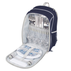 Kirsty 4 person picnic backpack with cooler; 600D; includes 1 x PE cutting board; 1 x Bottle opener; 1 x Cheese knife; 2 x Salt & pepper shakers; 4 x stainless steel knives; forks & spoons; 4 x melamine dinner plates; 4 x plastic glasses; 4 x cotton napkins Kirsty 4 person picnic backpack with cooler; 600D; includes 1 x PE cutting board; 1 x Bottle opener; 1 x Cheese knife; 2 x Salt & pepper shakers; 4 x stainless steel knives; forks & spoons; 4 x melamine dinner plates; 4 x plastic glasses; 4 x cotton napkins