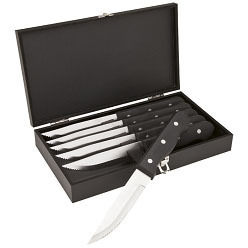 Steak Knife Set contains 6 knives; black hinged wood storage box; 2mm blade thickness; 11cm serrated blades Steak Knife Set contains 6 knives; black hinged wood storage box; 2mm blade thickness; 11cm serrated blades