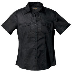 100% cotton voile fabric trendy Ladies Blouse with two chest pockets; double layer shoulder yoke and tapered side seams; flattering fit with curved hem; short sleeve design (Priced from S) 100% cotton voile fabric trendy Ladies Blouse with two chest pockets; double layer shoulder yoke and tapered side seams; flattering fit with curved hem; short sleeve design (Priced from S)