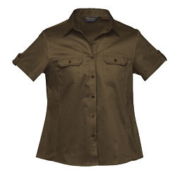 100% Cotton twill fabric Ladies Bush Shirt with tapered side seams and shaped panels for a feminine fit; includes metal buttons; two small chest pockets; sleeves with turn-ups and curved hem; reinforc.... 100% Cotton twill fabric Ladies Bush Shirt with tapered side seams and shaped panels for a feminine fit; includes metal buttons; two small chest pockets; sleeves with turn-ups and curved hem; reinforc....