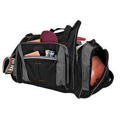 Durable 600D black and grey Sports Duffel Bag with 420 trims; double-zippered main compartment; 2 x side zippered pockets; front zippered pocket; cord zip pulls; bottom stiffener; adjustable & removab.... Durable 600D black and grey Sports Duffel Bag with 420 trims; double-zippered main compartment; 2 x side zippered pockets; front zippered pocket; cord zip pulls; bottom stiffener; adjustable & removab....