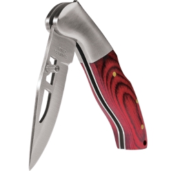 Lockback Wood Handled knife: Wood inlay handle; thumb knob; 6.5cm steel blade; All stainless steel construction; one handed opening function Lockback Wood Handled knife: Wood inlay handle; thumb knob; 6.5cm steel blade; All stainless steel construction; one handed opening function