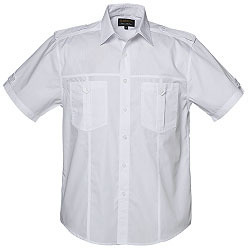 Lightweight poly cotton fabric Men's Shirt with short sleeves for a more fashionable look; features include epaulettes; box pleat pocket; front panels; back yoke and double top stitching through out; raised collar (Priced from S) Lightweight poly cotton fabric Men's Shirt with short sleeves for a more fashionable look; features include epaulettes; box pleat pocket; front panels; back yoke and double top stitching through out; raised collar (Priced from S)