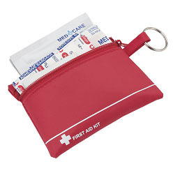 Mini First Aid Kit in red zippered pouch; includes 4 x knuckle bandages; 4 x round bandages; 10 x large bandages; 5 x small bandages; 6 x alcohol prep pads; 1 x cleansing wipe; 1 x soap wipe; 1 x antiseptic wipe Mini First Aid Kit in red zippered pouch; includes 4 x knuckle bandages; 4 x round bandages; 10 x large bandages; 5 x small bandages; 6 x alcohol prep pads; 1 x cleansing wipe; 1 x soap wipe; 1 x antiseptic wipe