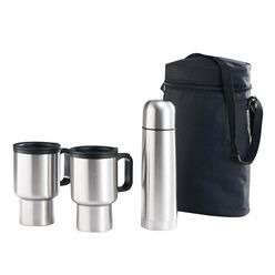 2 Thermo mugs with stainless steel outer & pp inner; & a double walled flask in a black; zippered carry bag 2 Thermo mugs with stainless steel outer & pp inner; & a double walled flask in a black; zippered carry bag