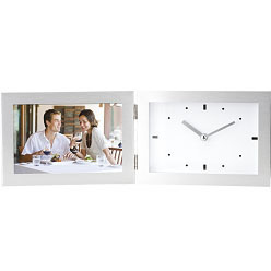 Aluminium photo frame with clock; holds 15 x 10cm photo; brushed finish; analogue clock; adjustable hinge design Aluminium photo frame with clock; holds 15 x 10cm photo; brushed finish; analogue clock; adjustable hinge design