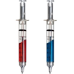 Plastic syringe pen; blue and red ink Plastic syringe pen; blue and red ink
