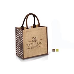Laminated jute; pre-printed gusset design; velcro closure Laminated jute; pre-printed gusset design; velcro closure