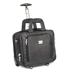 Black Trolley Bag with 2 zippered compartments; front zippered compartment; removable padded laptop sleeve; adjustable removable padded shoulder straps; telescopic handle; metal branding plaque; holds 15 laptop Black Trolley Bag with 2 zippered compartments; front zippered compartment; removable padded laptop sleeve; adjustable removable padded shoulder straps; telescopic handle; metal branding plaque; holds 15 laptop