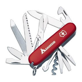 Large blade; small blade; corkscrew; can opener with small screwdriver (also for Phillips screws); cap lifter with screwdriver; wire stripper; reamer punch; keyring attachment (stainless); tweezers; toothpick; scissors; multi-purpose hook; wood saw; chisel; nail file with metal file; nail cleaner; metal saw; fine screwdriver Large blade; small blade; corkscrew; can opener with small screwdriver (also for Phillips screws); cap lifter with screwdriver; wire stripper; reamer punch; keyring attachment (stainless); tweezers; toothpick; scissors; multi-purpose hook; wood saw; chisel; nail file with metal file; nail cleaner; metal saw; fine screwdriver