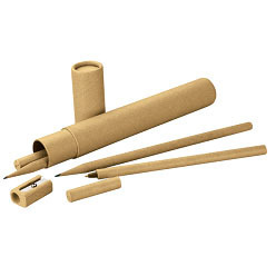 Wooden Sharpener; 2 Bamboo Pulp Pencils; 2 Recycled Paper Ballpoint Pens in a recycled paper holder Wooden Sharpener; 2 Bamboo Pulp Pencils; 2 Recycled Paper Ballpoint Pens in a recycled paper holder