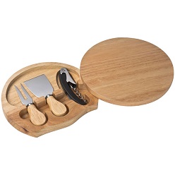 Rubber wood cheese set includes a cheese cutting board with integrated accessories; includes cheese knife; cheese fork and a waiters friend Rubber wood cheese set includes a cheese cutting board with integrated accessories; includes cheese knife; cheese fork and a waiters friend
