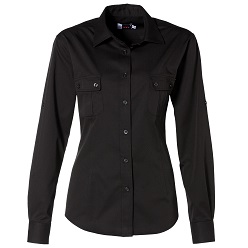 150g/m2; 65% polyester; 35% cotton twill Ladies long sleeve Safari Shirt with tone-on-tone logo buttons; two chest pockets with pleats and buttoned flaps; curved hemline; back box pleat (Priced from S) 150g/m2; 65% polyester; 35% cotton twill Ladies long sleeve Safari Shirt with tone-on-tone logo buttons; two chest pockets with pleats and buttoned flaps; curved hemline; back box pleat (Priced from S)