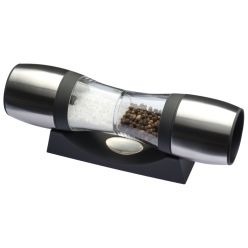 Stainless steel salt & pepper mill; two grinders on a stand; with a metal plaque Stainless steel salt & pepper mill; two grinders on a stand; with a metal plaque