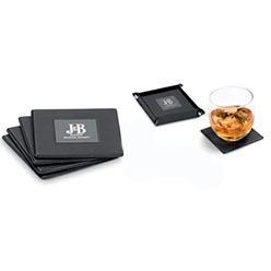Set of 4 coasters: simulated leather & stainless steel with gunmetal finish; PU holder Set of 4 coasters: simulated leather & stainless steel with gunmetal finish; PU holder